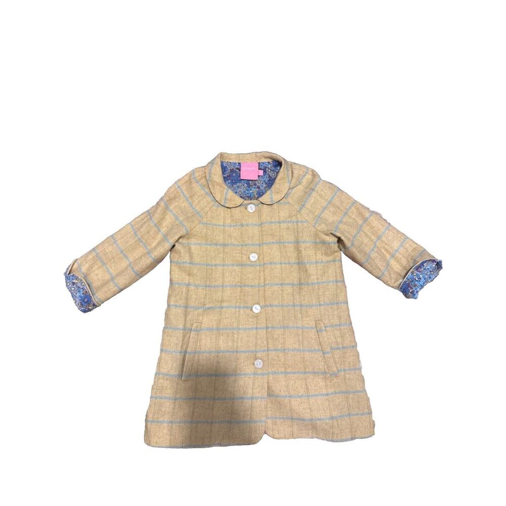 BISBY girls Tan And Blue tweed jacket Peter Pan Color Printed Cotton Lining Sz7